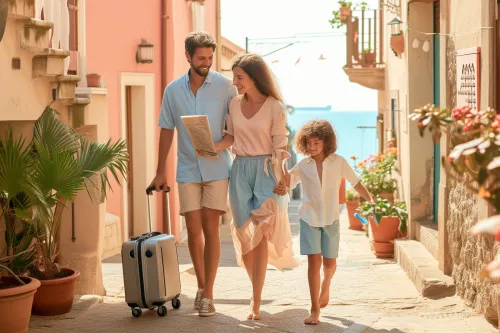 Famille préparant des vacances d’été économiques, comparant plusieurs destinations abordables pour un séjour réussi