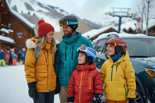 Famille profitant d’un séjour au ski économique, enfants en luge et parents souriants devant une petite station conviviale