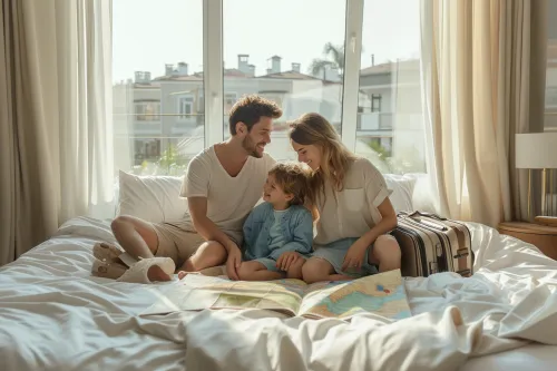Famille recherchant un hébergement abordable à moins de 100€ la nuit, comparant plusieurs logements confortables et adaptés aux enfants
