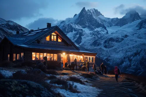Randonneurs dans une auberge de jeunesse en montagne, ambiance conviviale, couchages simples, cuisine partagée et retour d’une journée de marche