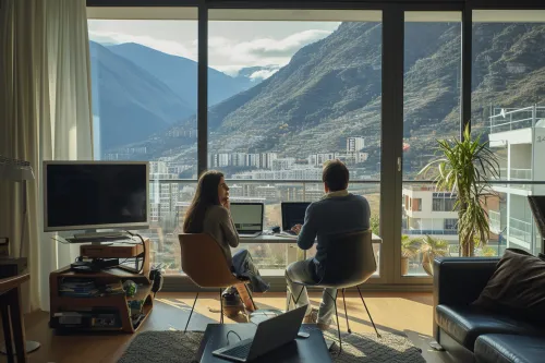 Télétravailleur en Andorre organisant son quotidien entre espace de travail, outils numériques et vue sur les montagnes