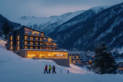 Vue d’un hôtel économique en Andorre, entouré de montagnes, symbolisant un séjour pas cher et confortable
