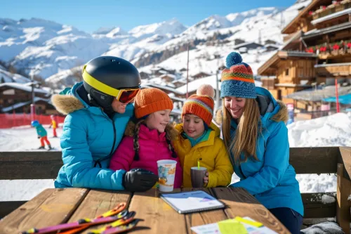 Famille en séjour au ski préparant ensemble leur budget global pour profiter pleinement des vacances à la montagne